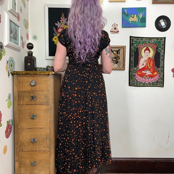 Vintage Black & Orange Polka Dot Dress, 1970s Flocked Crinkle Chiffon, Sz M - Picture 3 of 10